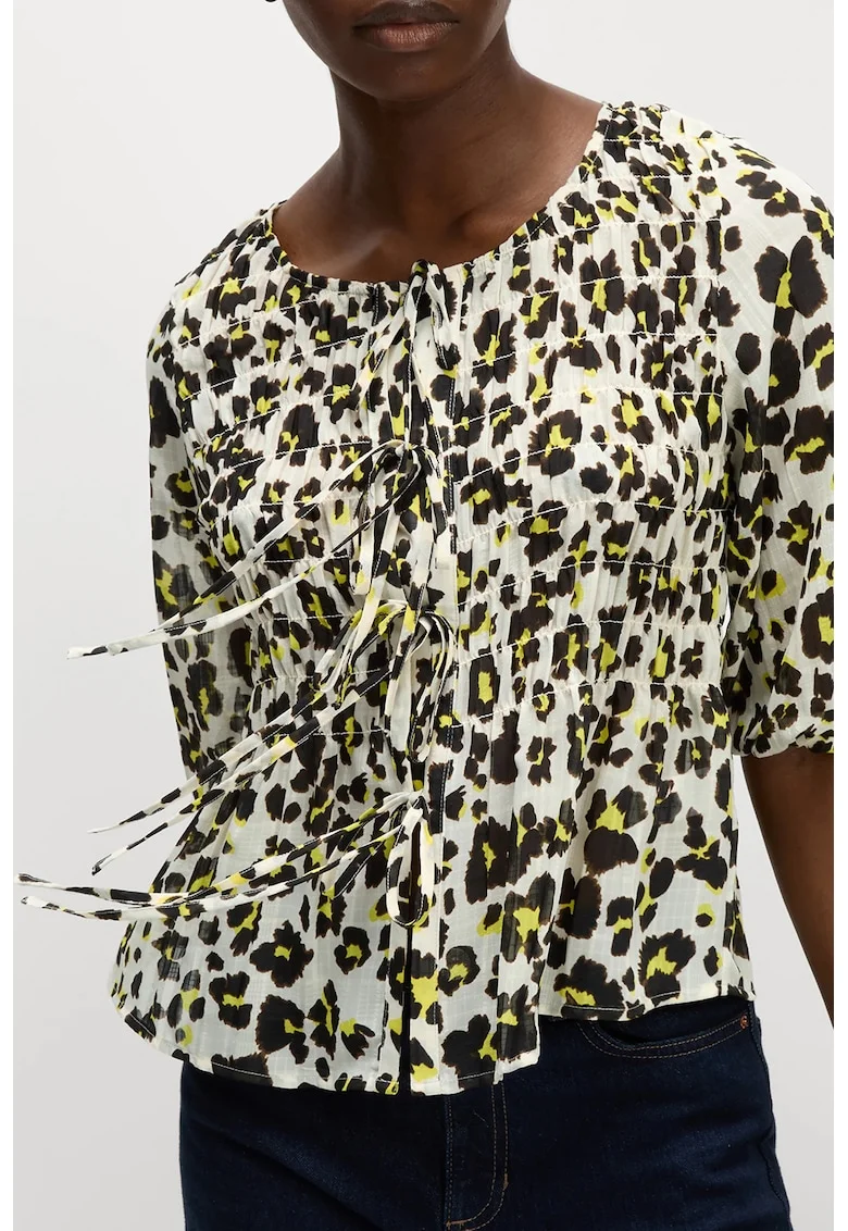 Bluza cu imprimeu si decolteu rotund, Alb fildes/Galben/Negru stins