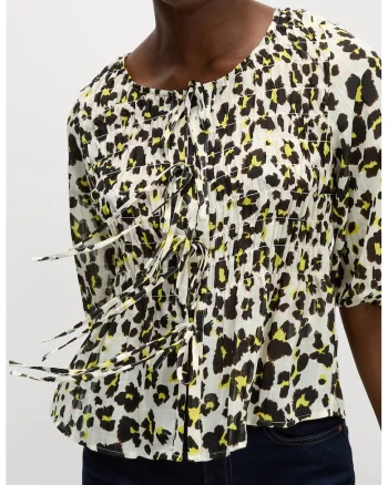 Bluza cu imprimeu si decolteu rotund, Alb fildes/Galben/Negru stins
