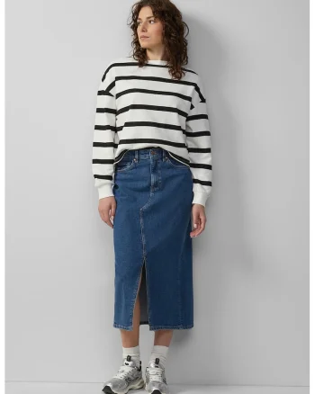 Fusta de denim cu slit frontal, Albastru inchis