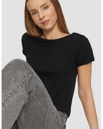 Tricou regular fit cu decolteu la baza gatului, Negru