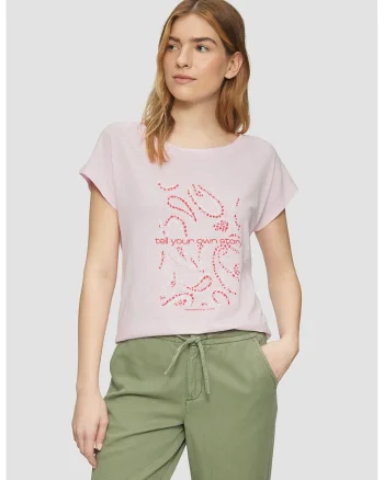 Tricou cu decolteu la baza gatului si model grafic, Alb/Roz aprins/Roz pastel