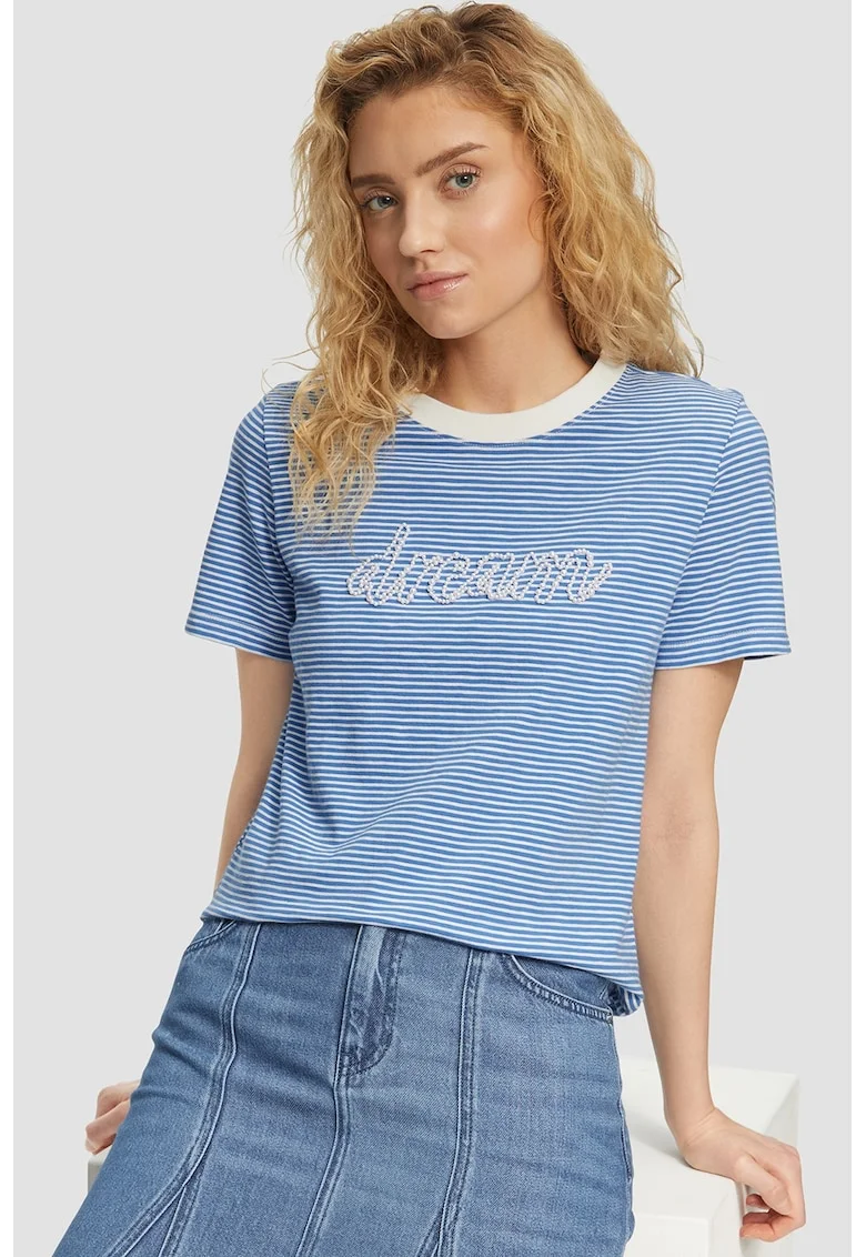 Tricou cu model in dungi si perle, Alb/Albastru deschis