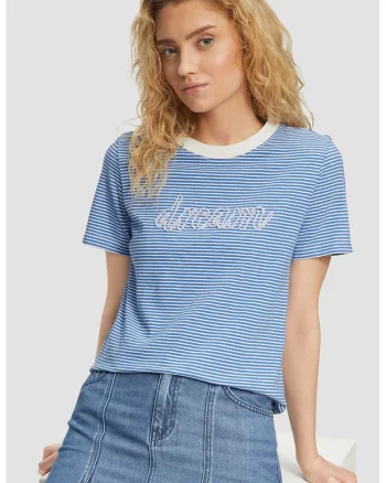 Tricou cu model in dungi si perle, Alb/Albastru deschis