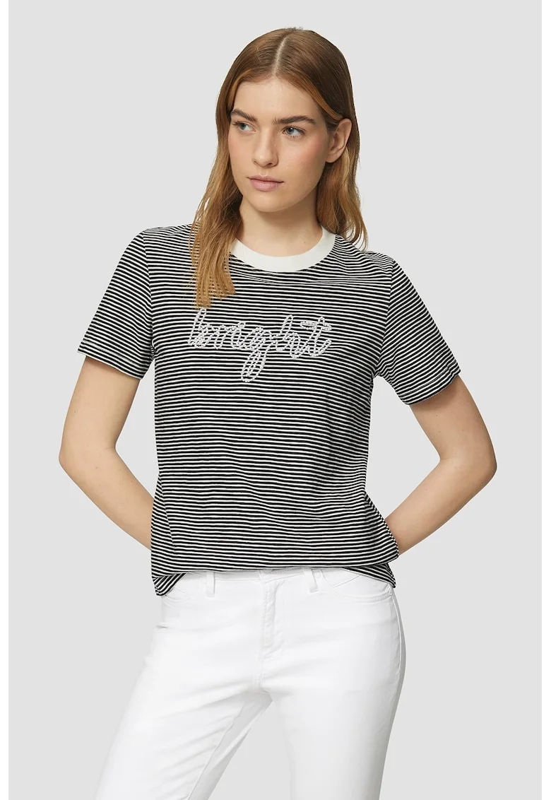 Tricou cu model in dungi si perle, Alb/Negru