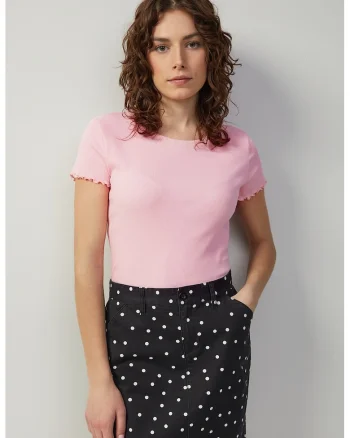Tricou din amestec de bumbac cu decolteu la baza gatului, Roz pastel