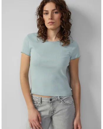 Tricou din amestec de bumbac cu decolteu la baza gatului, Albastru pastel