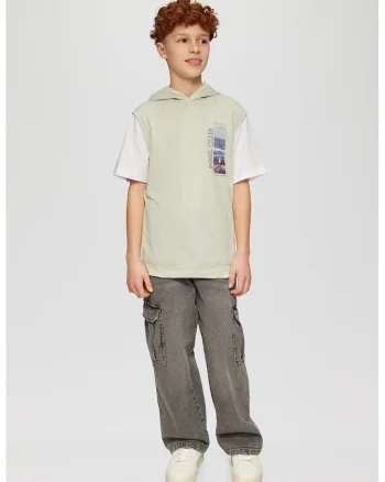 Tricou cu gluga cu maneci contrastante, Alb murdar