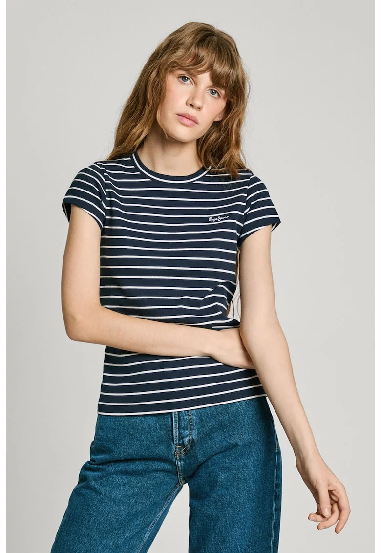 Tricou slim fit cu dungi, Alb optic/Bleumarin