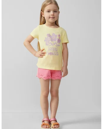 Tricou cu decolteu la baza gatului si imprimeu, Galben deschis