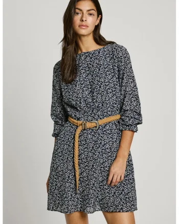 Rochie lejera cu model floral, Alb murdar/Bleumarin