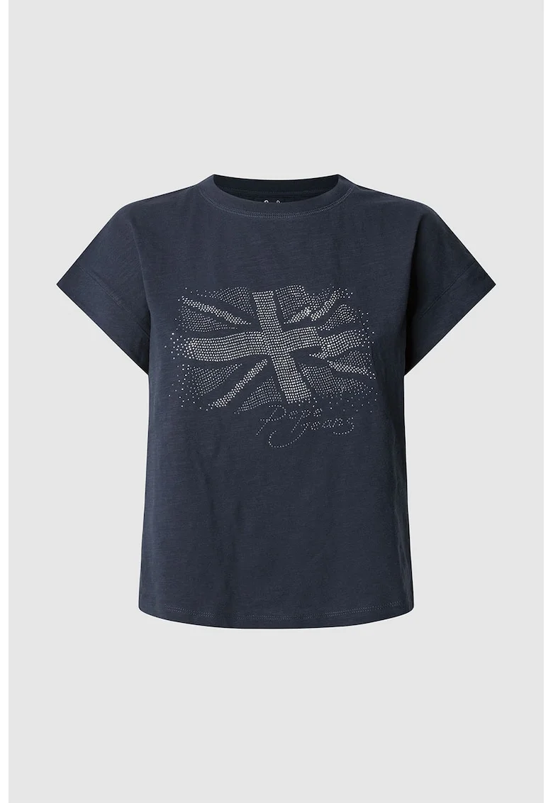 Tricou cu logo, strasuri si decolteu la baza gatului, Albastru inchis/Argintiu