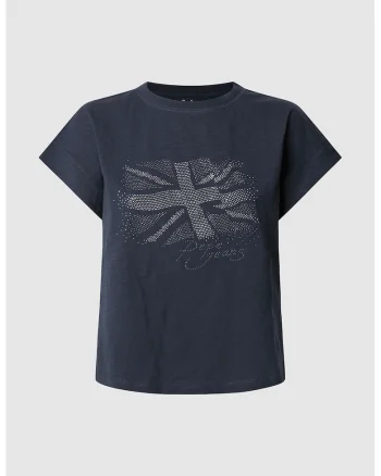 Tricou cu logo, strasuri si decolteu la baza gatului, Albastru inchis/Argintiu