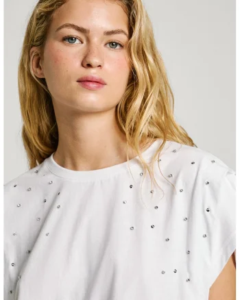 Tricou de bumbac cu strasuri, Alb optic/Argintiu