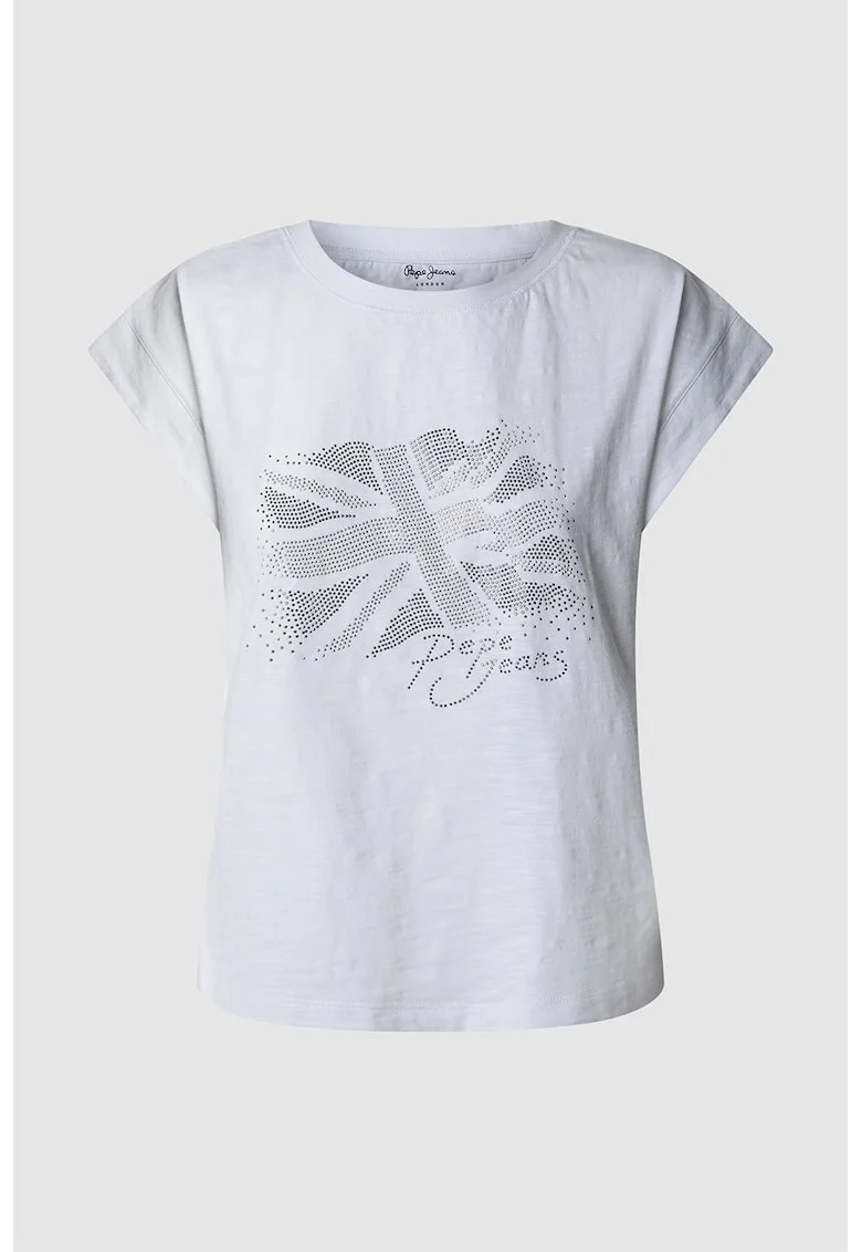 Tricou cu logo, strasuri si decolteu la baza gatului, Alb murdar/Argintiu