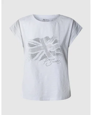 Tricou cu logo, strasuri si decolteu la baza gatului, Alb murdar/Argintiu