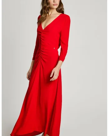 Rochie maxi evazata cu maneci 3/4, Rosu vermillion