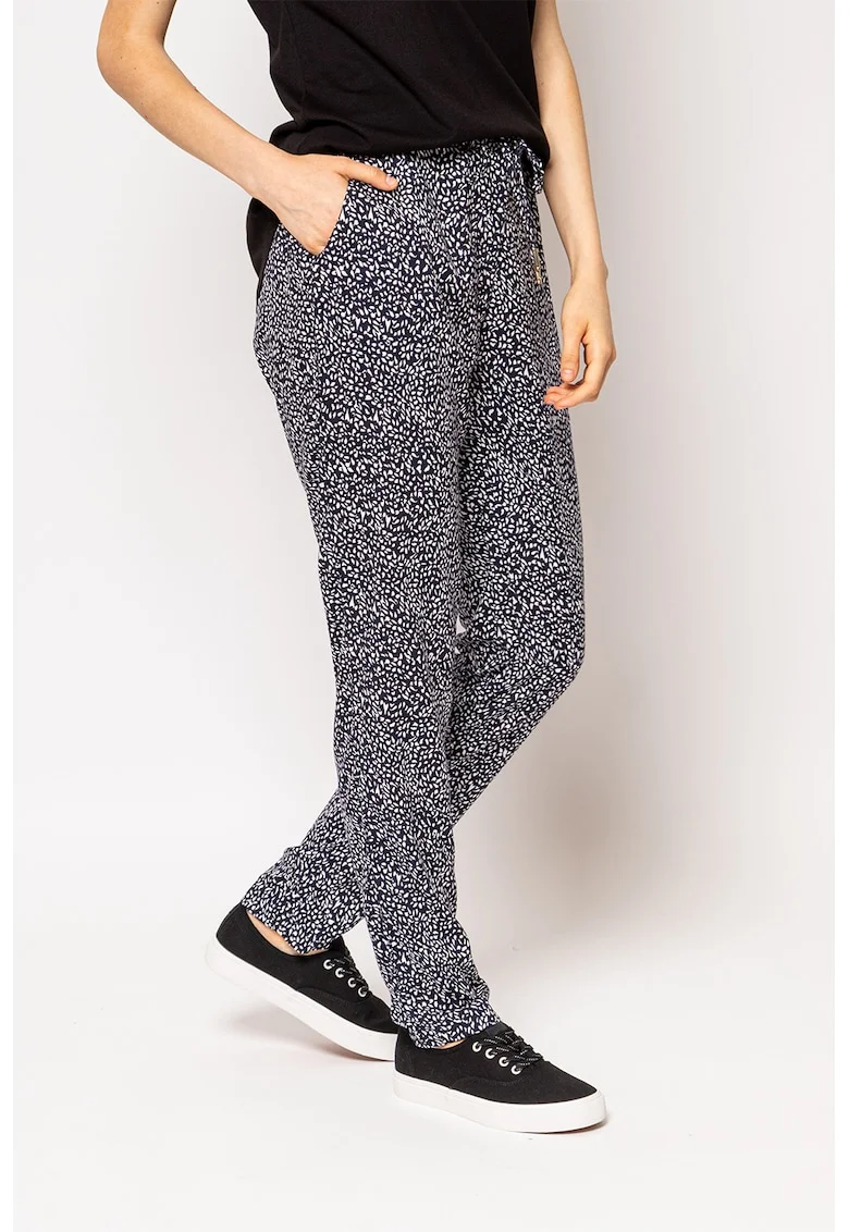 Pantaloni cu buzunare laterale, imprimeu si snur, Alb/Bleumarin