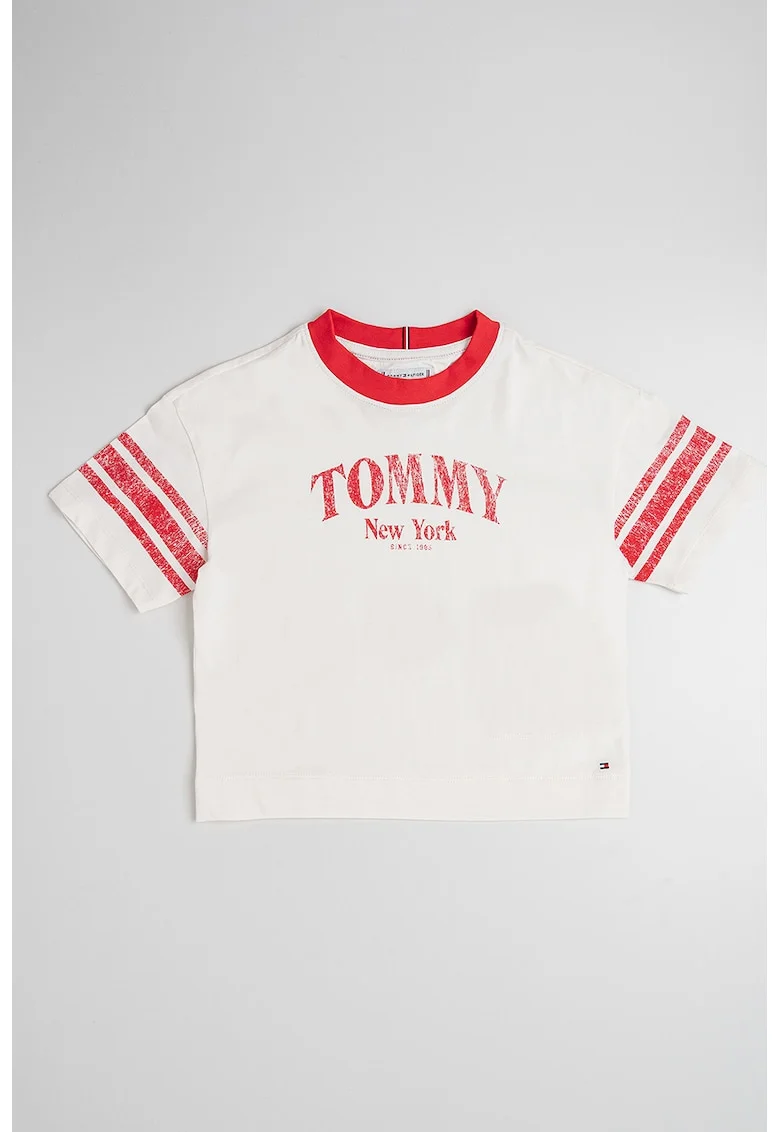 Tricou de bumbac cu logo, Alb fildes/Rosu vermillion
