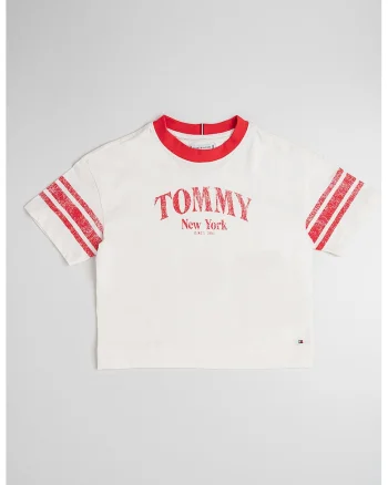 Tricou de bumbac cu logo, Alb fildes/Rosu vermillion