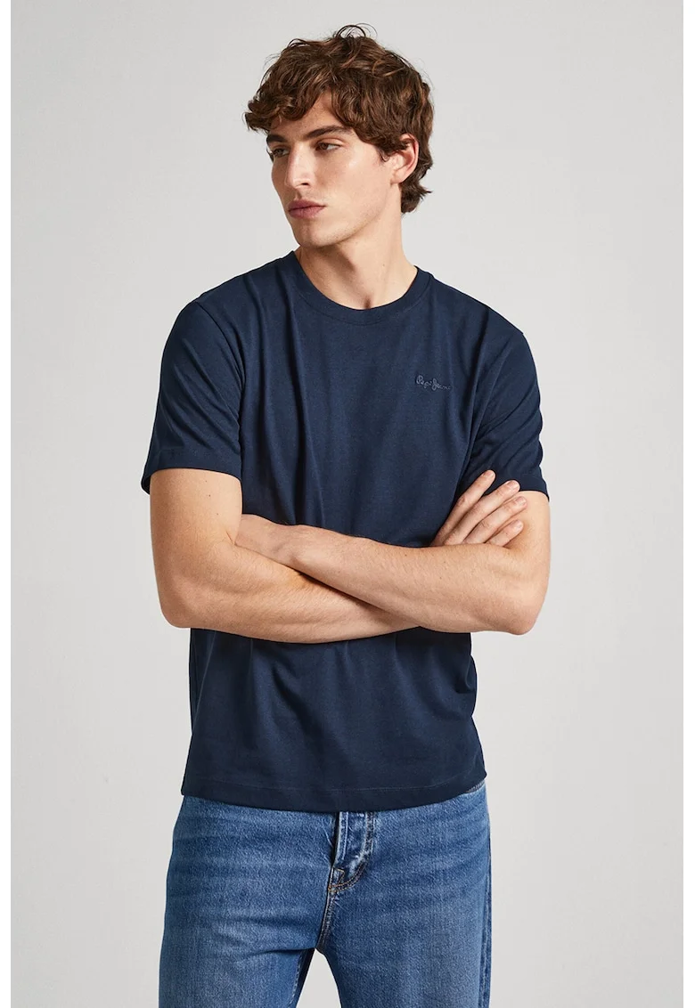Tricou de bumbac cu decolteu la baza gatului Connor, Bleumarin
