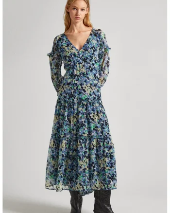 Rochie stratificata cu model floral, Galben/Albastru