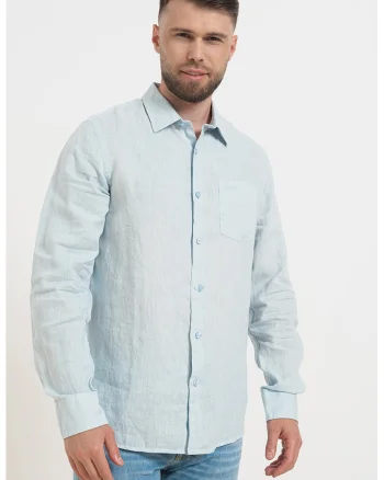 Camasa slim fit din in cu buzunar pe piept, Albastru glaciar