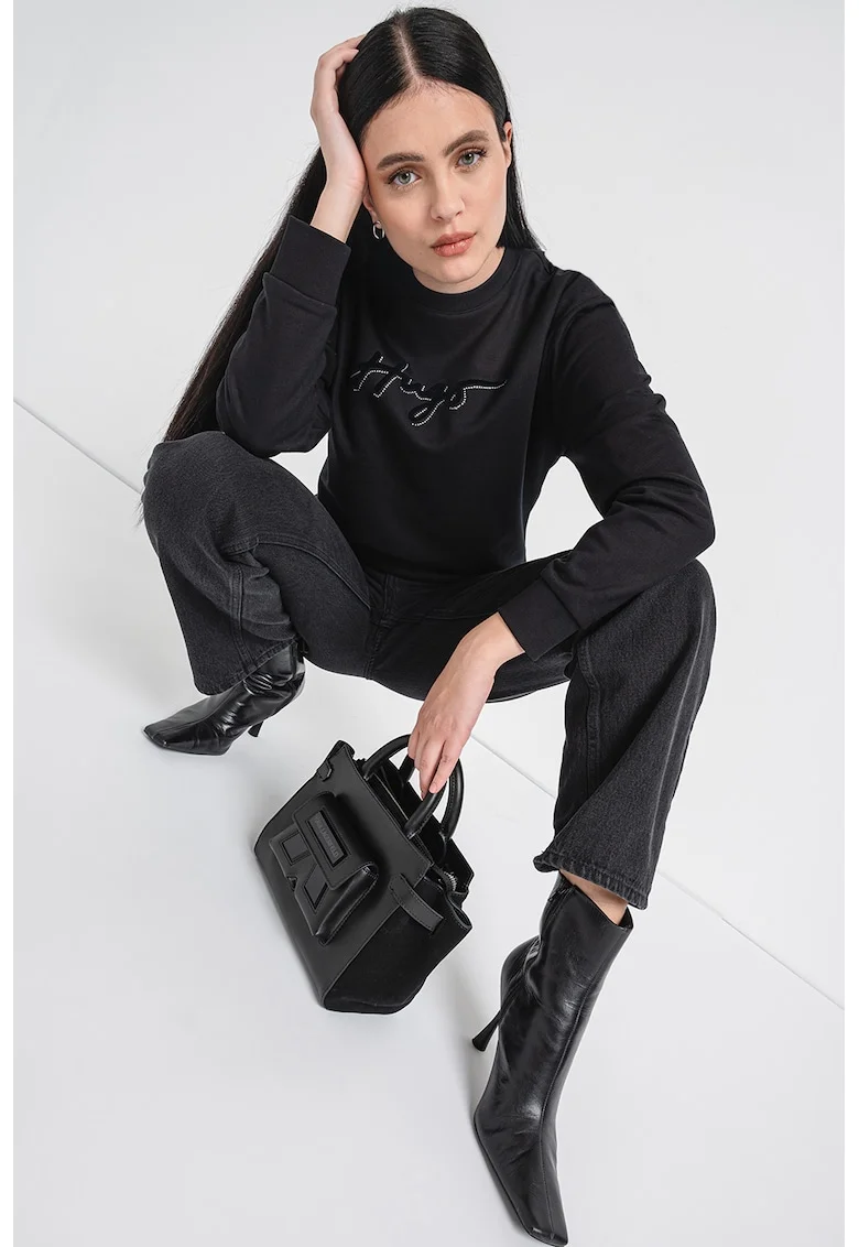 Bluza de trening cu decolteu la baza gatului si logo catifelat Easy, Negru/Argintiu