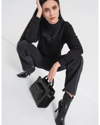 Bluza de trening cu decolteu la baza gatului si logo catifelat Easy, Negru/Argintiu