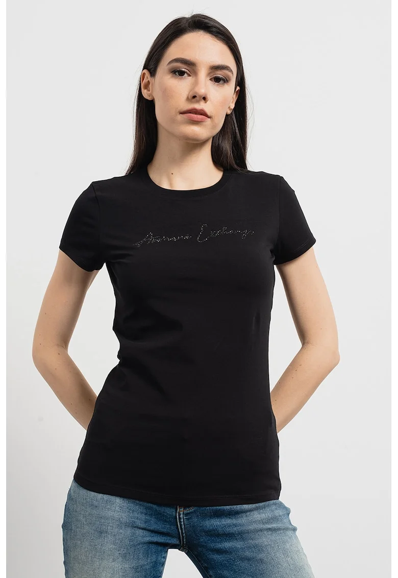Tricou cu decolteu la baza gatului si strasuri, Negru