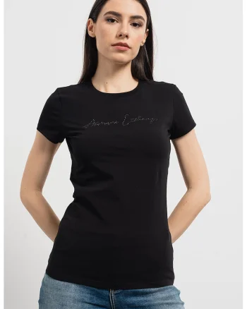 Tricou cu decolteu la baza gatului si strasuri, Negru
