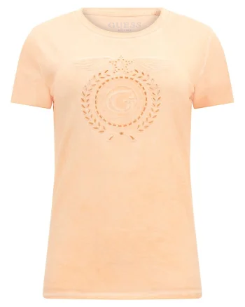 Tricou cu decolteu la baza gatului si logo brodat, Piersica