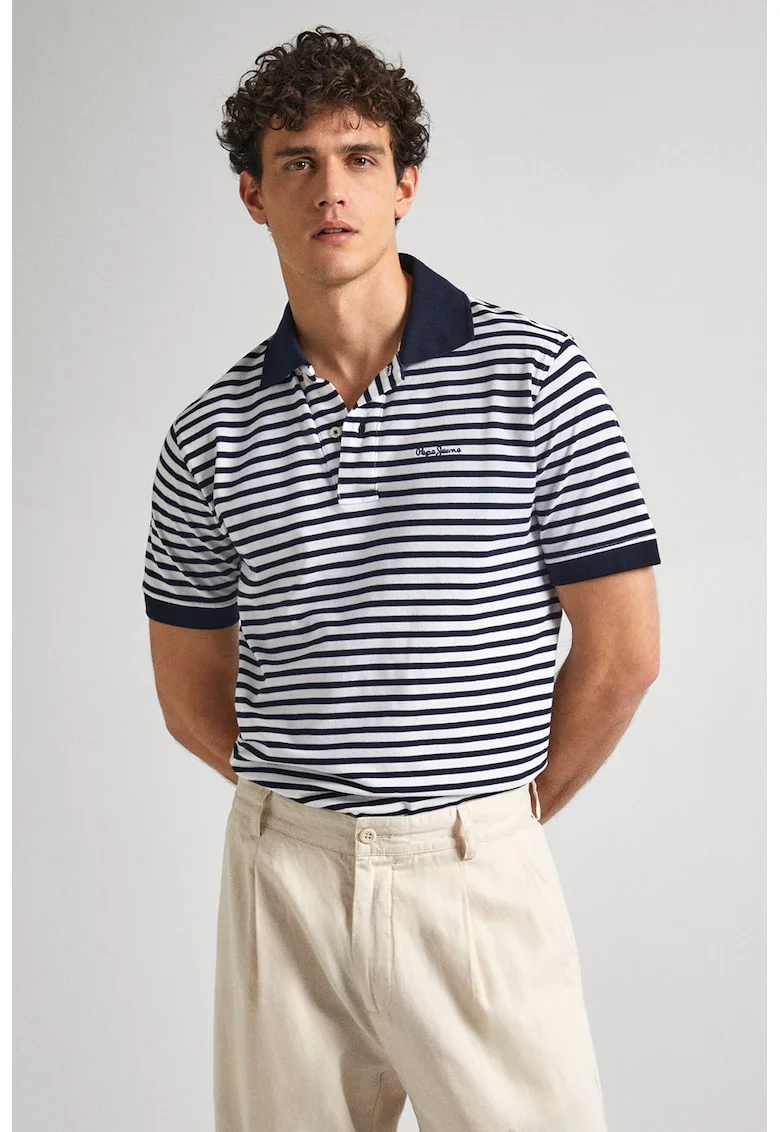 Tricou polo slim fit cu dungi, Alb/Bleumarin