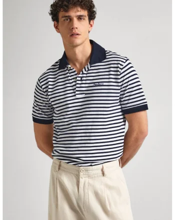 Tricou polo slim fit cu dungi, Alb/Bleumarin