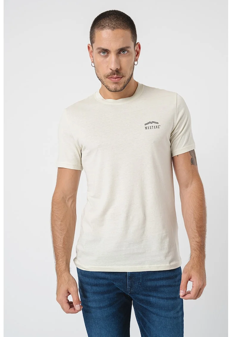 Tricou cu decolteu la baza gatului si imprimeu logo, Negru/Galben pal