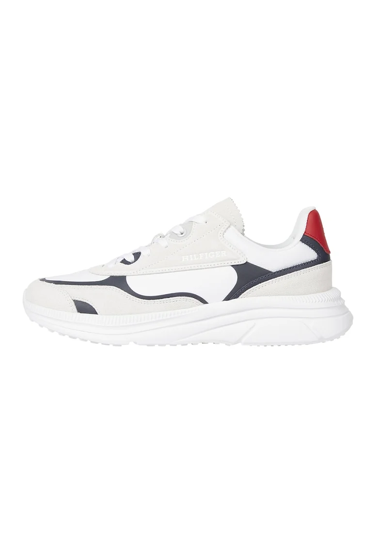 Pantofi sport cu garnituri din piele intoarsa si material textil, Rosu/Alb/Bleumarin