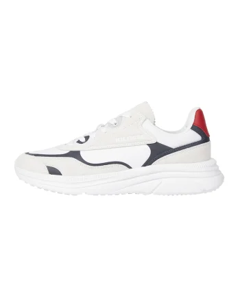 Pantofi sport cu garnituri din piele intoarsa si material textil, Rosu/Alb/Bleumarin