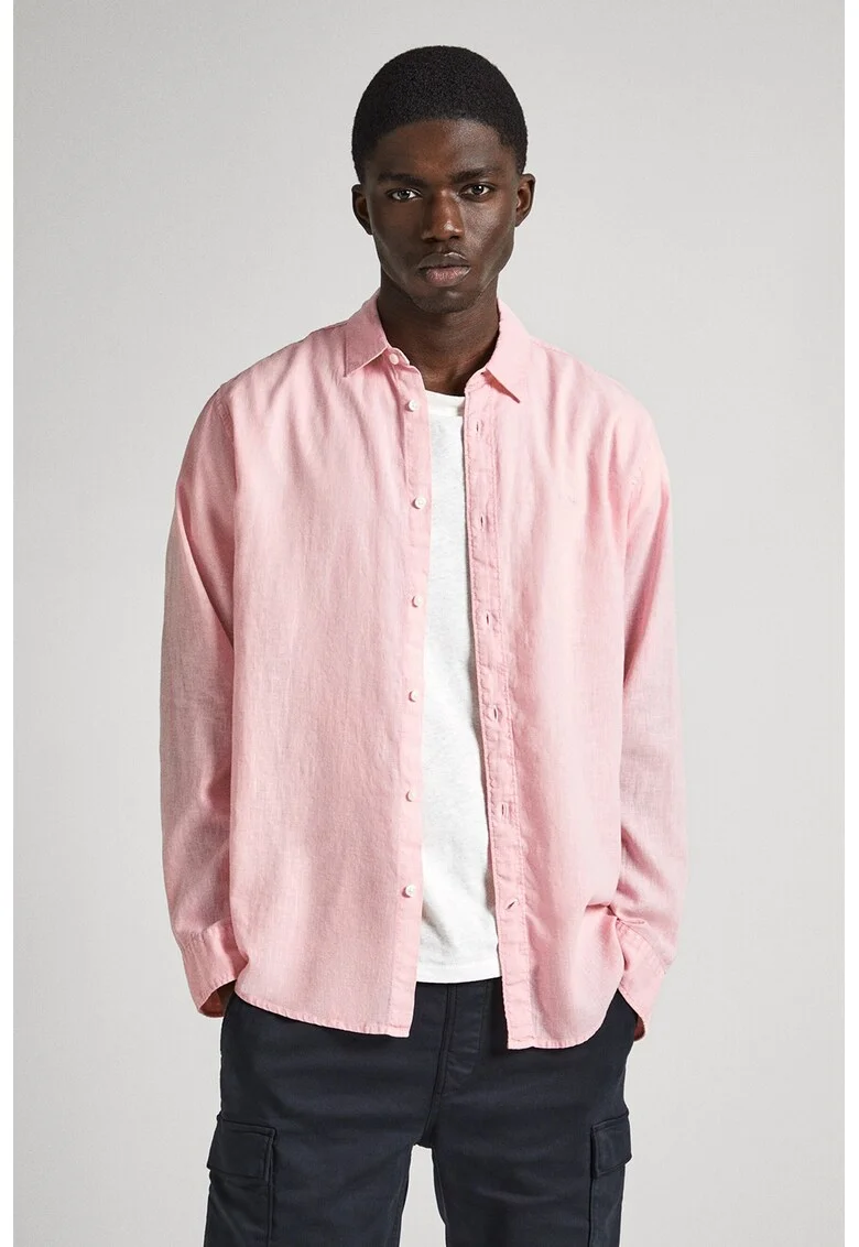 Camasa din in cu broderie logo, Roz pastel