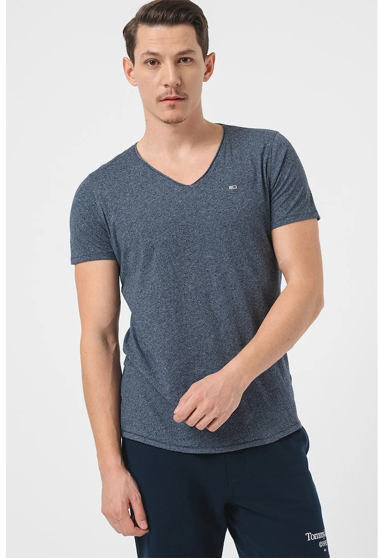 Tricou slim fit cu decolteu in V Jaspe, Alb/Bleumarin