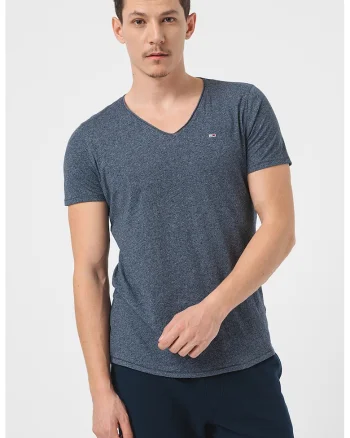 Tricou slim fit cu decolteu in V Jaspe, Alb/Bleumarin