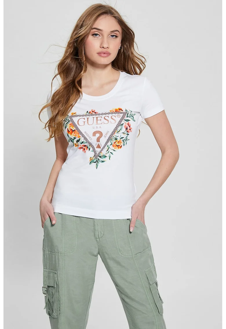 Tricou de bumbac cu imprimeu floral si logo, Alb