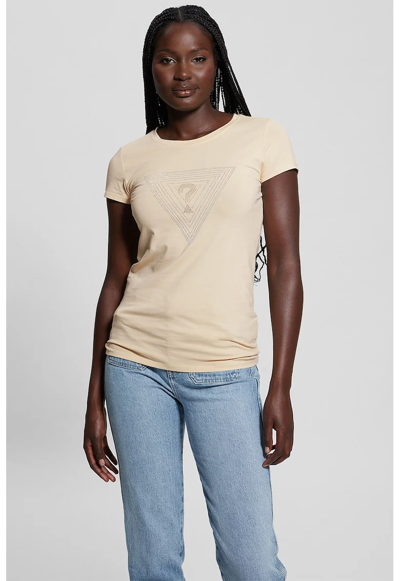 Tricou cu logo cu strasuri, Crem