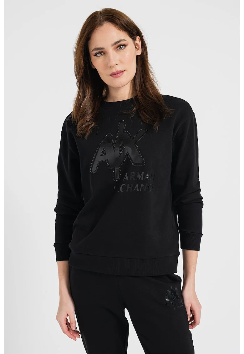 Bluza sport cu decolteu la baza gatului si imprimeu logo, Negru