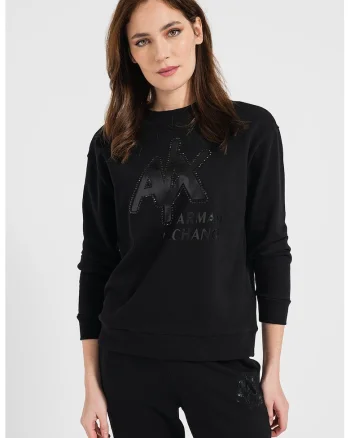 Bluza sport cu decolteu la baza gatului si imprimeu logo, Negru