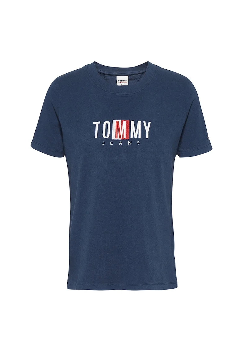 Tricou din bumbac organic cu logo brodat, Alb murdar/Bleumarin