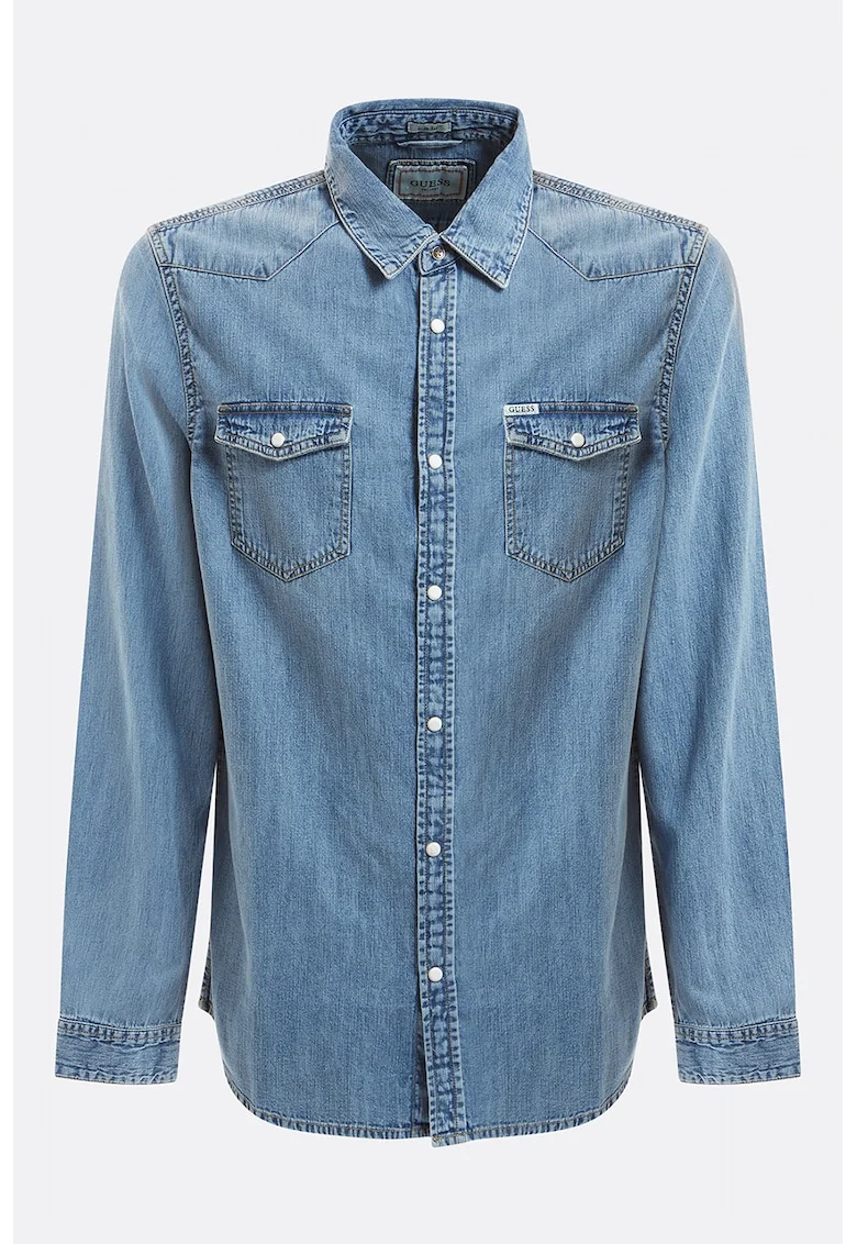 Camasa din material chambray cu buzunare pe piept, Albastru deschis