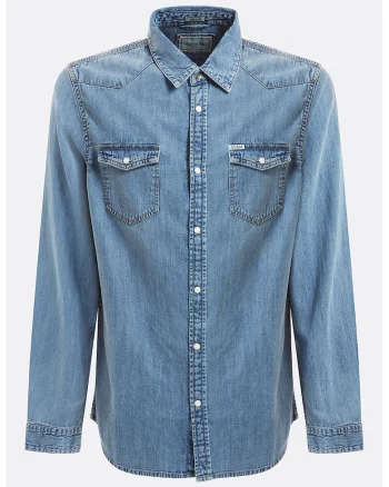 Camasa din material chambray cu buzunare pe piept, Albastru deschis