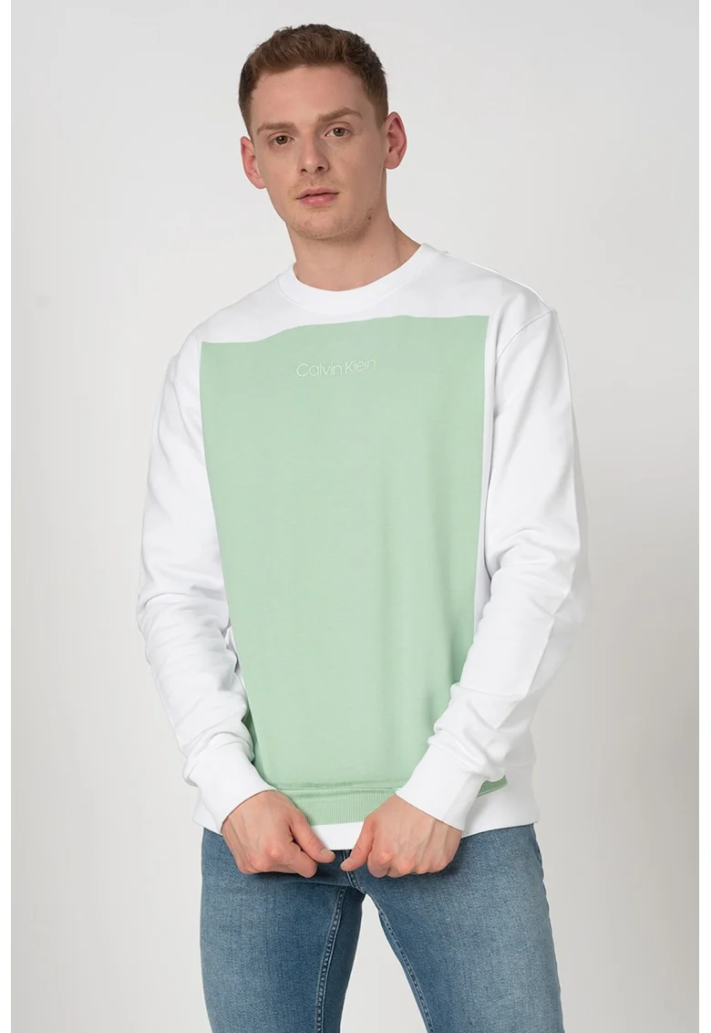 Bluza sport relaxed fit cu model colorblock, Alb/Verde menta,