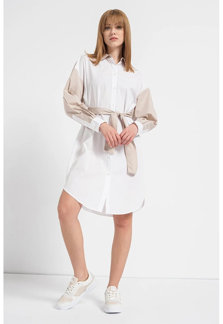Rochie-camasa scurta cu nasturi, Maro taupe deschis/Alb murdar