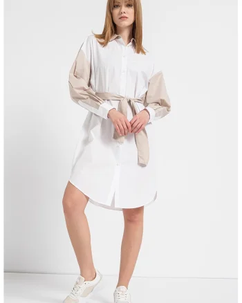 Rochie-camasa scurta cu nasturi, Maro taupe deschis/Alb murdar