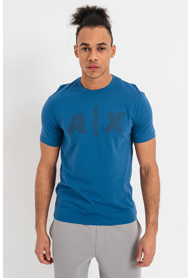 Tricou regular fit cu imprimeu monograma, Negru/Albastru inchis